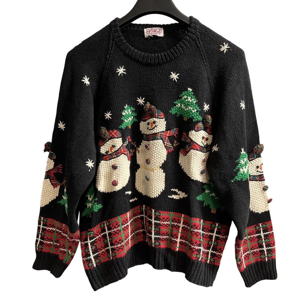 Vintage PBJ Sport Sweater Black‎ Plaid Snowman 3D Pom Pom Pullover Holiday Xmas